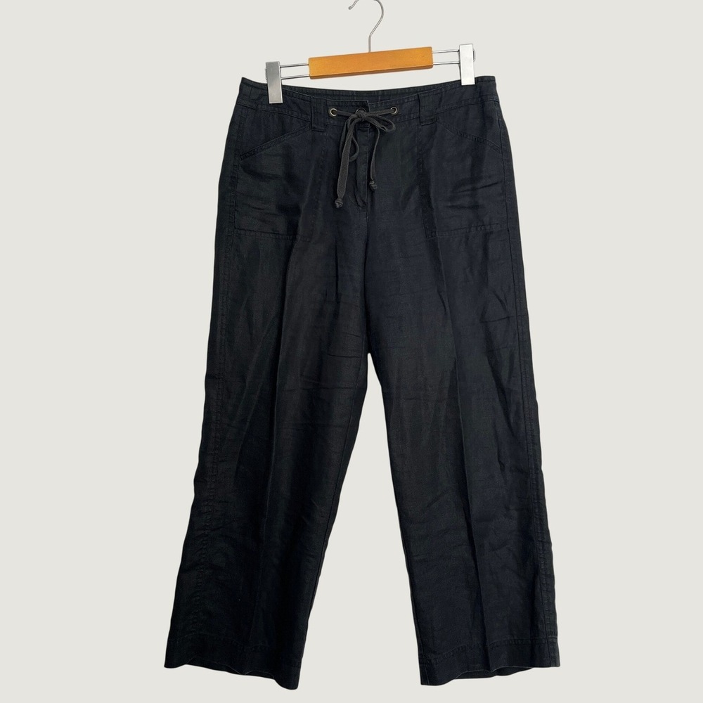 Jones New York Sport Black 100% Linen Wide Leg Cropped Pants Womens 4 Drawstring